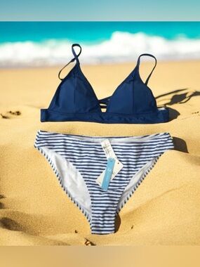NWT Cupshe bikini blue top with blue and white strip bottom XXL